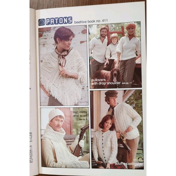 Patons Beehive 411 The Aran Look Vintage Knit Patterns Cardigan Poncho Scarf Etc - Picture 4 of 7